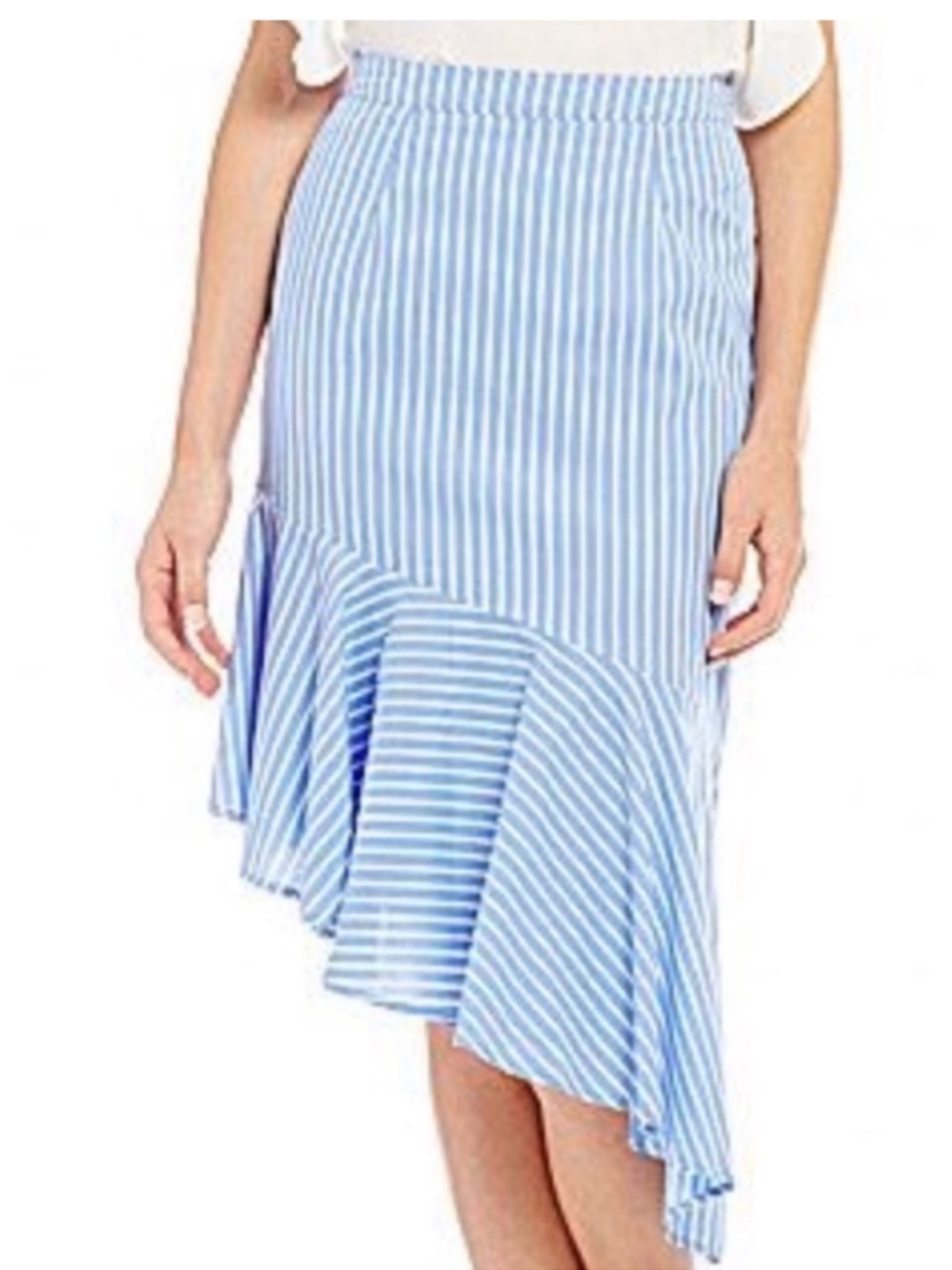 Gianni Bini Blue and White Striped Asymmetrical Ruffle Midi Skirt